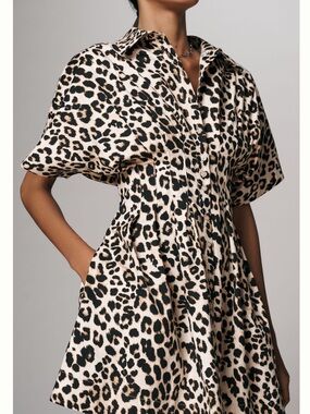 🐆Exquise Tobie Pleated Button Front Collared Shirt Dress New Large Leopard